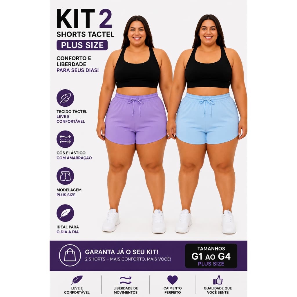 Kit 2 Shorts Tactel Plus Size Com Elastano Feminino Academia Praia Confortável G1 ao G4