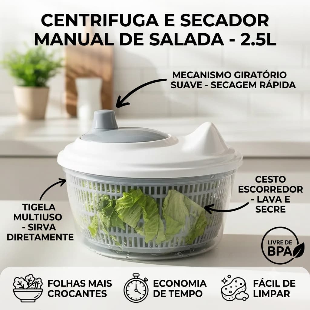 Centrífuga Manual Secadora de Folhas Para Saladas 2,5 Litros - Tampa Girátoria