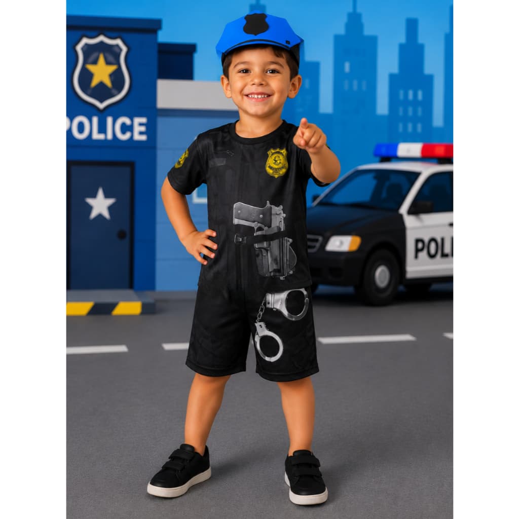 Fantasia Infantil Policial Roupa Macacão com E.V.A Leve e Confortável Meninos Diversão Profissão