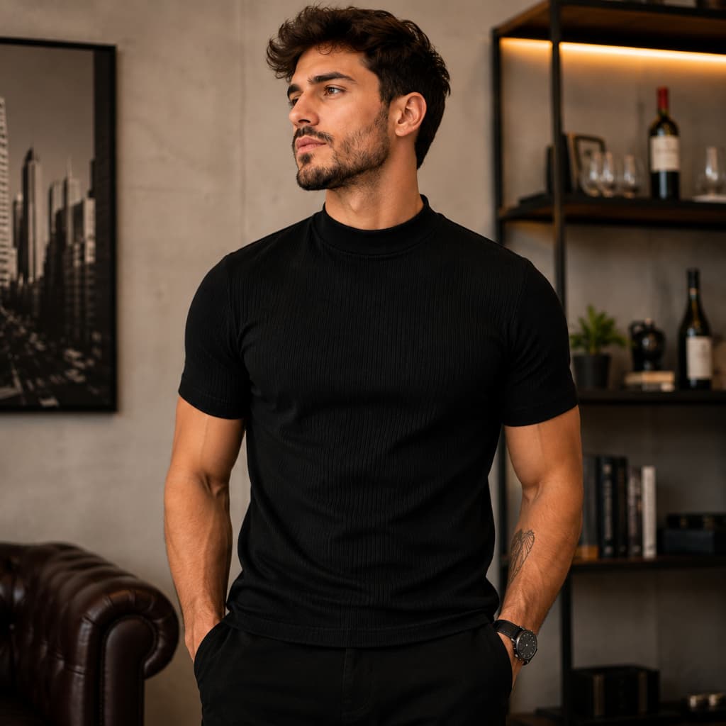 Camiseta Masculina Canelada Estilo Americano Gola Fechada Manga Curta Casual Slim