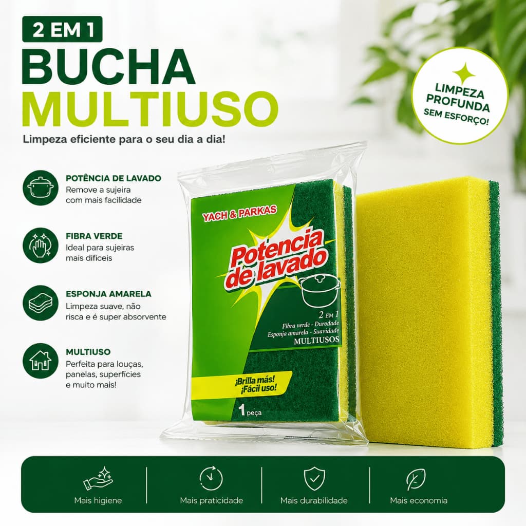 Esponja Multuso DUPLA FACE - Fibra Verde + Espuma Amarela | Alta Durabilidade