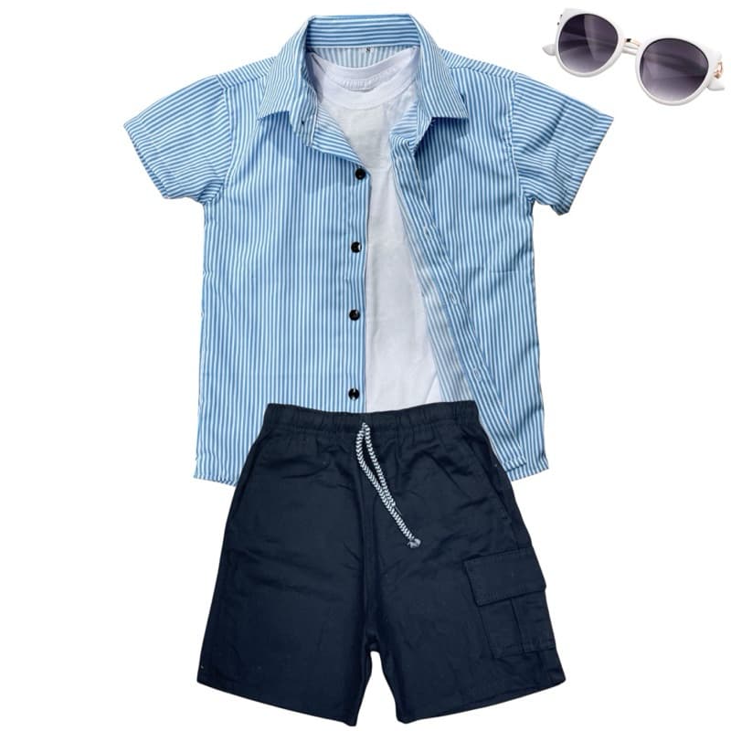 Conjunto Menino Infantil Camisa Social Listrada Com Bermuda Cargo Preto Juvenil