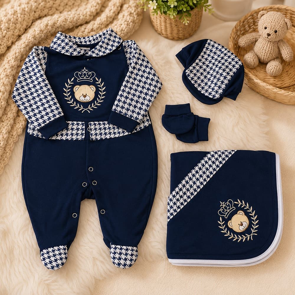 Saída de Maternidade Menino Príncipe Urso Marinho 04 Peças Confort