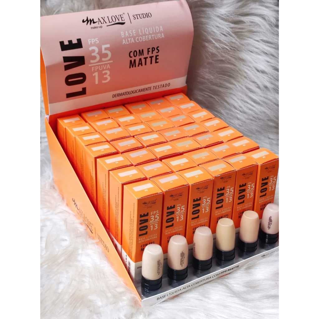 Box/Display Base Líquida CORES CLARAS de Alta Cobertura com FPS 35 + FPUVA13 (42 und + provador) - Max Love