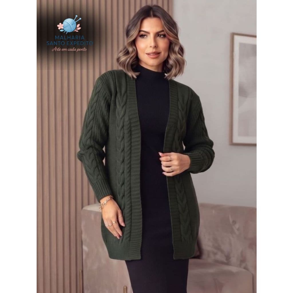 Casaco Feminino Tricot Detalhe em Trança Elegante Canelado Cardigan Tricô Moda Inverno