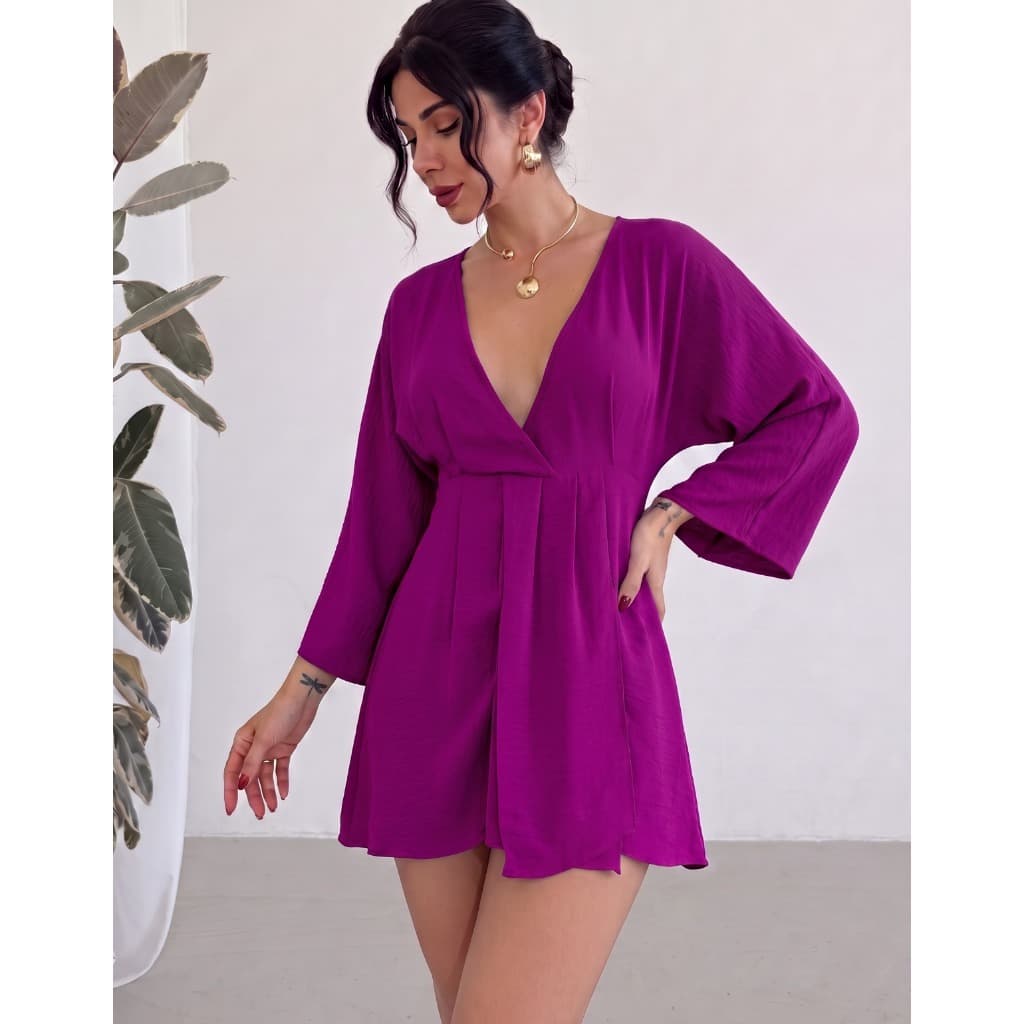 Vestido Feminino Soltinho Duna Manga Longa Flare Decote V