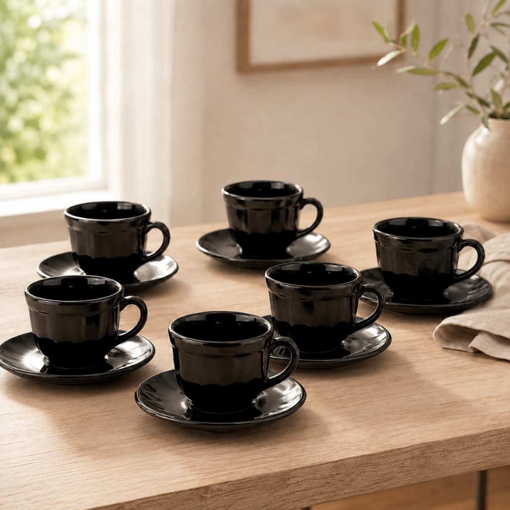 Jogo Kit Conjunto 6 Xícaras C/Pires Vidro Preto Trabalhado 85ml Café Chá 12 Peças