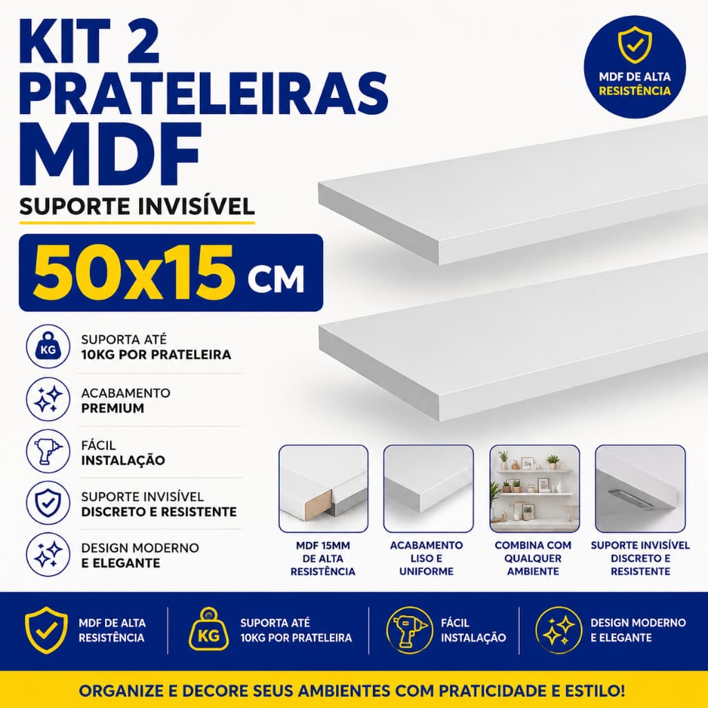 Kit 2 Prateleiras MDF 15mm Branca 50x15cm Suporte Invisível Prateleira Flutuante Nicho Decorativo