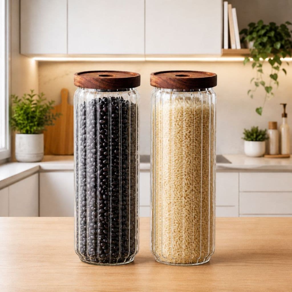 2 Potes 1400ml Para Organização Mantimentos Mesa Posta Cozinha Eventos Restaurante De Vidro Com Tampa De Madeira Acácia