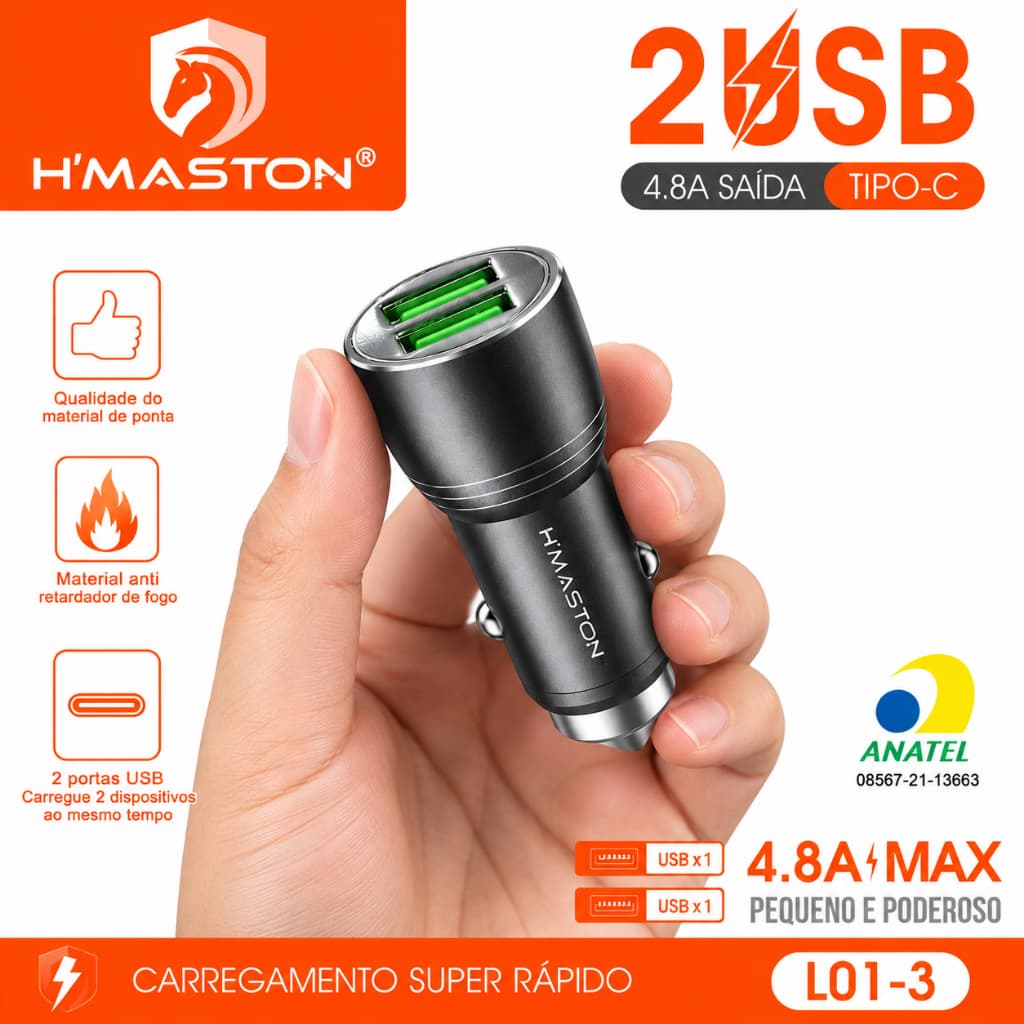 Carregador Veicular Turbo Para Celular H'Maston 4.1A 2 USB Carga Rápida
