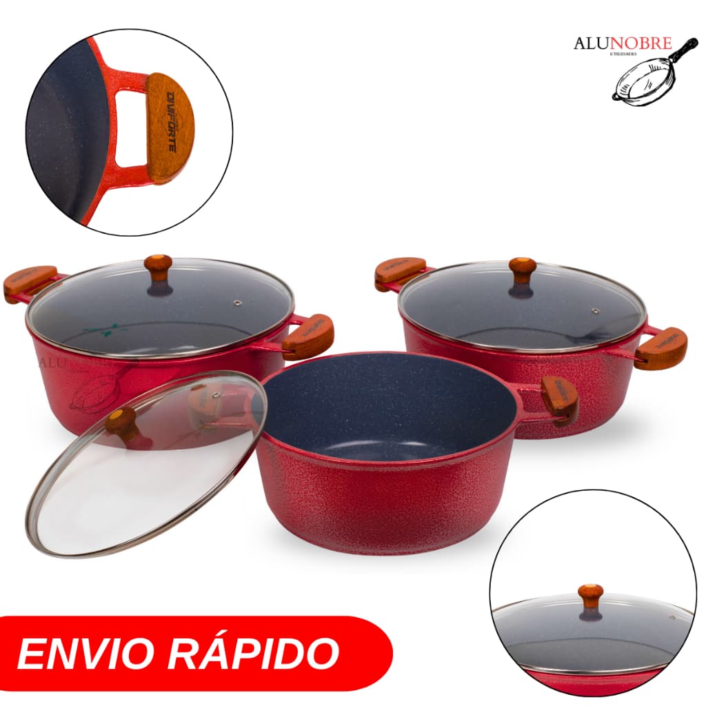 Jogo 3 Panelas Ceramica Vermelho Aluminio 3 pçs 26, 28 e 30 cm Tampa de Vidro