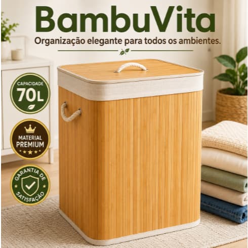 Cesto Organizador de Bambu 70L com Tampa e Alças | Cesto para Roupas Sujas Dobrável Grande  BambuVita