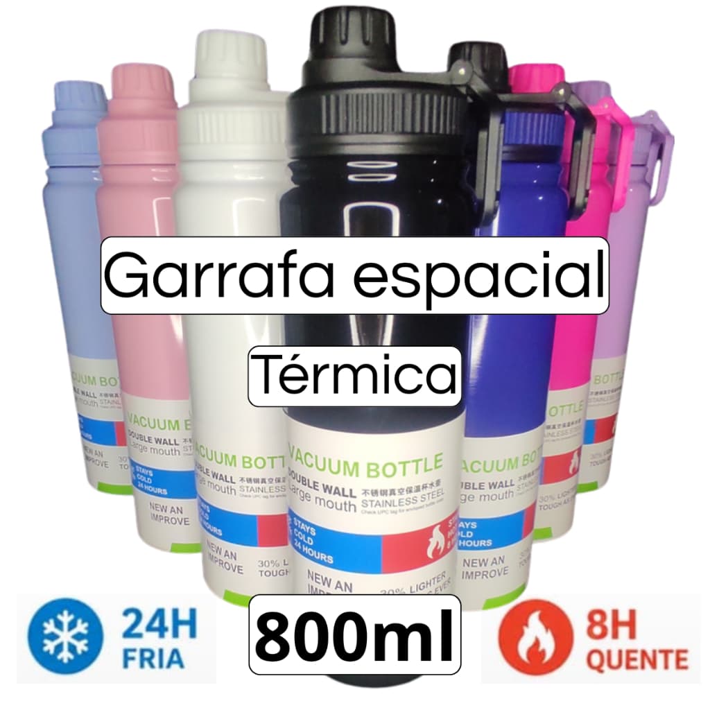 Garrafa Térmica Espacial Antivazamento Duplo Vacuum Inox 800ml squeeze Garrafinha Com Alça Conserva Frio 24h e Quente 8h