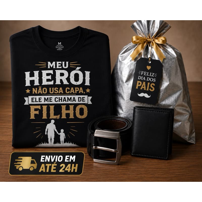 🔥 KIT DIA DOS PAIS COMPLETO – Camiseta + Cinto + Carteira + Embalagem Presente 🎁