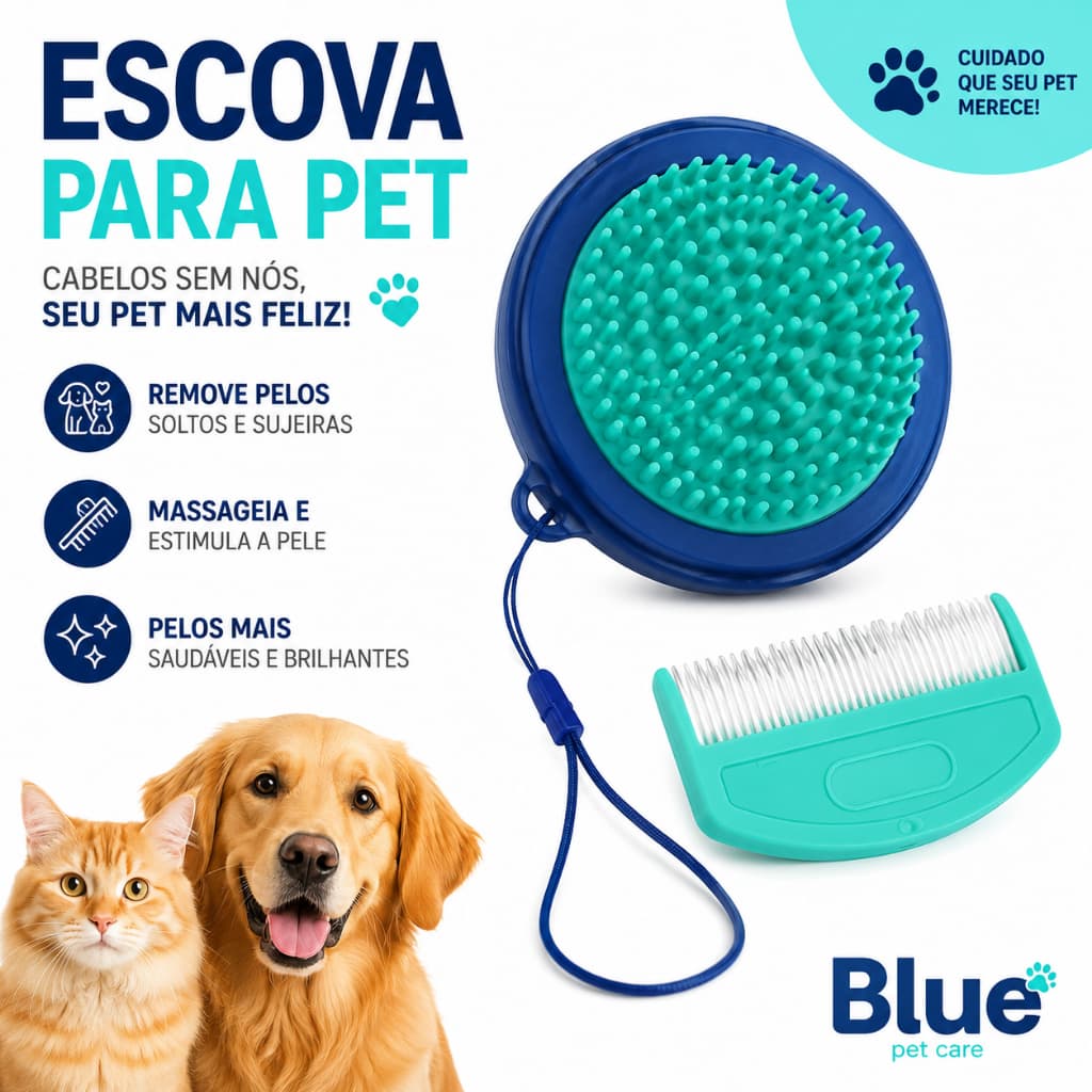 Escova para Pet Blue PP352 Massageadora Removedora de Pelos + Pente Anti Pulgas Cães e Gatos Original