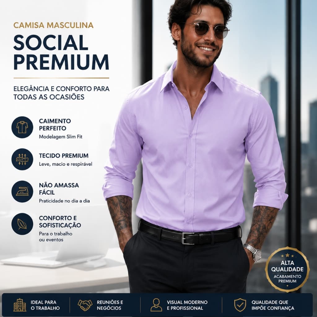 Camisa Social Masculina Microelástica para Trabalho e Dia a Dia
