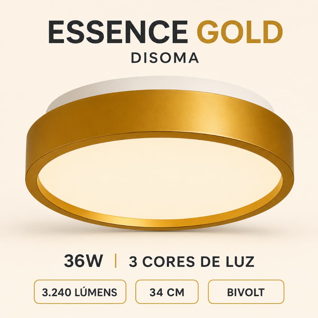 Plafon Luminária Essence GOLD Dourado LED 36W Multicolor 3 em 1 Bivolt 34 cm Bivolt Disoma
