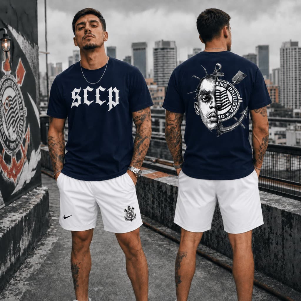 Conjunto Masculino Camiseta e Bermuda Tactel Sabotage Time Estampado Esportivo Casual Manga Curta com Bolsos