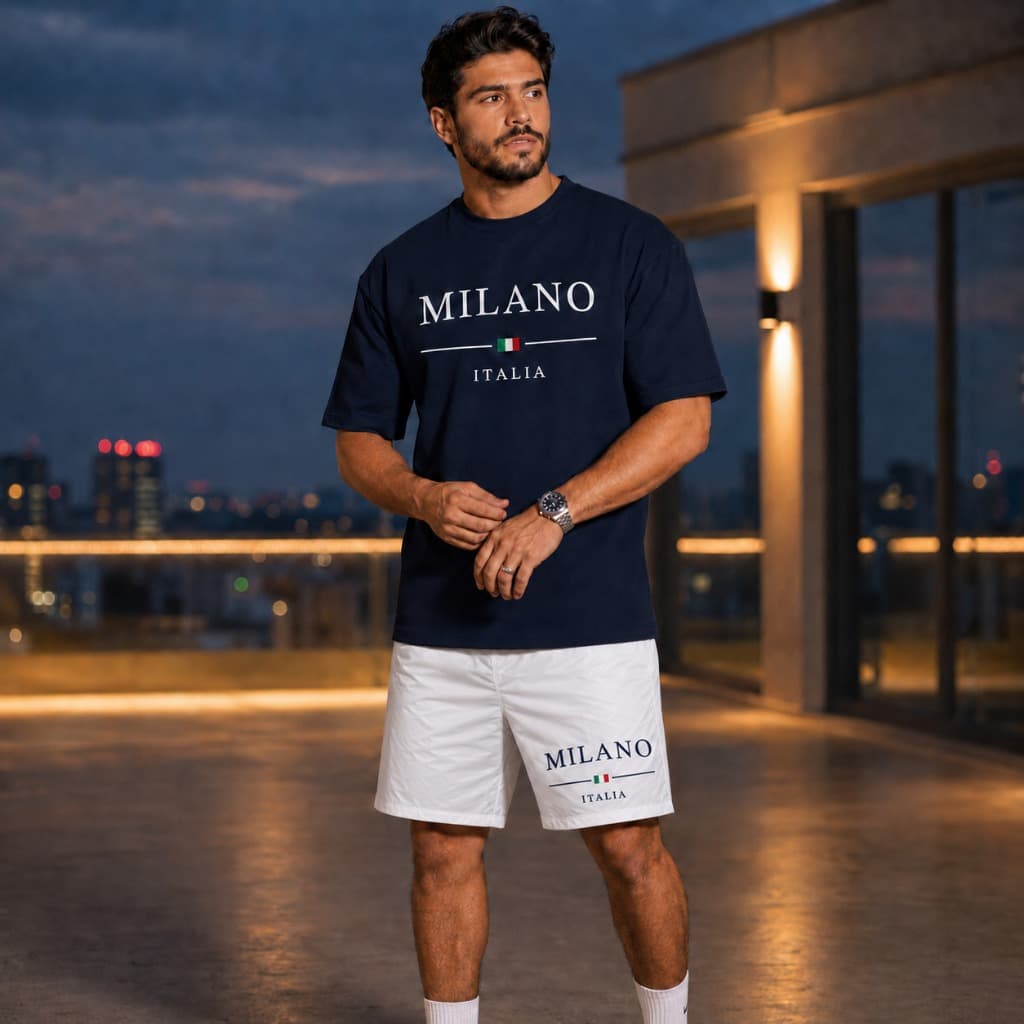 Conjunto Masculino Camiseta e Bermuda Milano Itália Estampado Esportivo Casual Verão Manga Curta