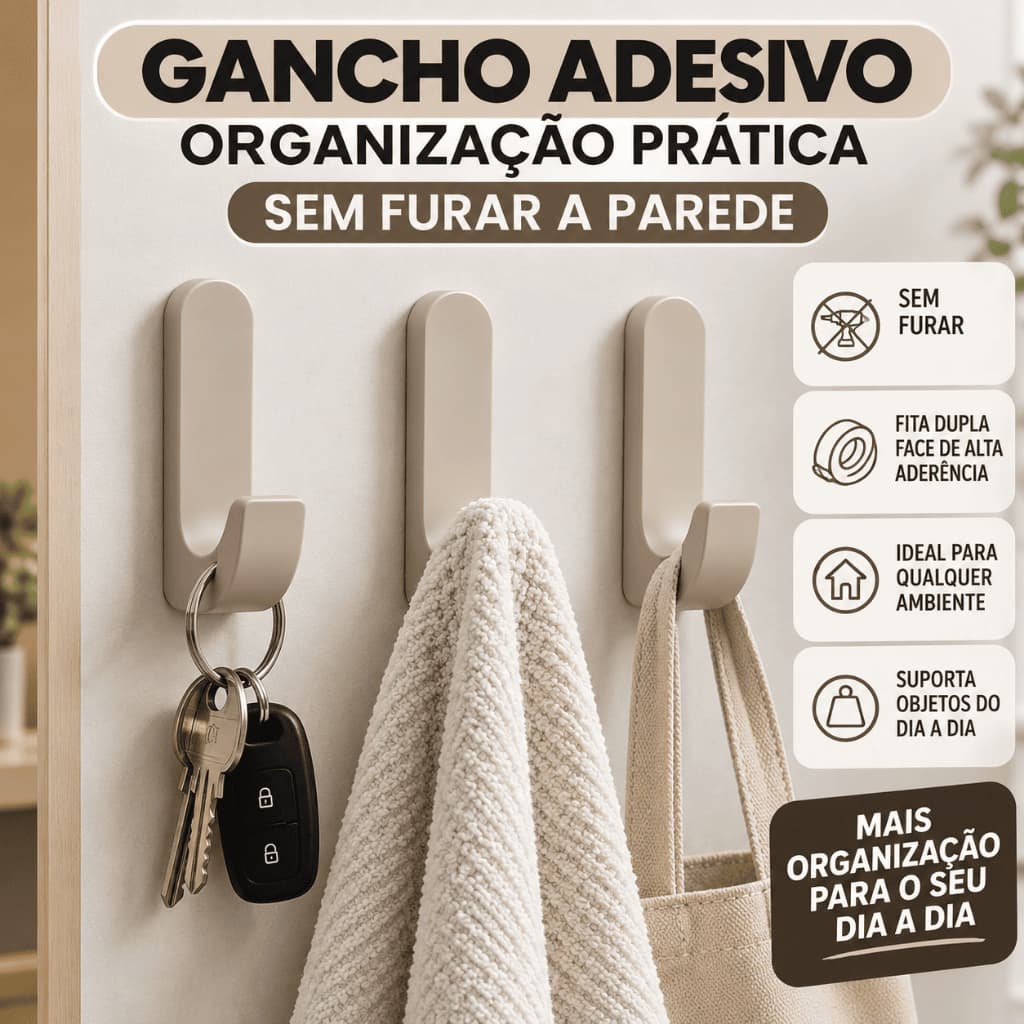 Organizador Parede Gancho Cabide Adesivo Porta Toalha Chaves Bolsa Banheiro Cozinha Quarto Lavanderia Multiuso Kit