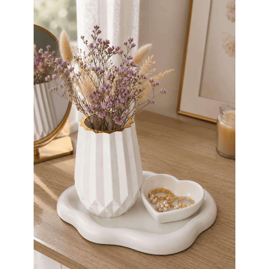 Kit Decorativo Gesso 3 Peças Vaso 3D Bandeja Nuvem Porta Joias Coração Branco