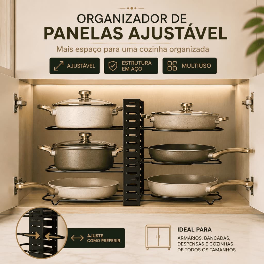 Organizador de Panelas Ajustável Multiuso para Armário e Cozinha - Suporte Organizador