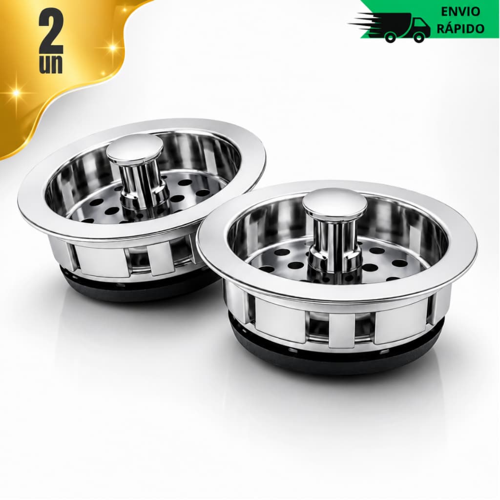 Kit 2 Cestinha Válvula Americana Ralo de Pia de Cozinha 6cm ABS Cromado