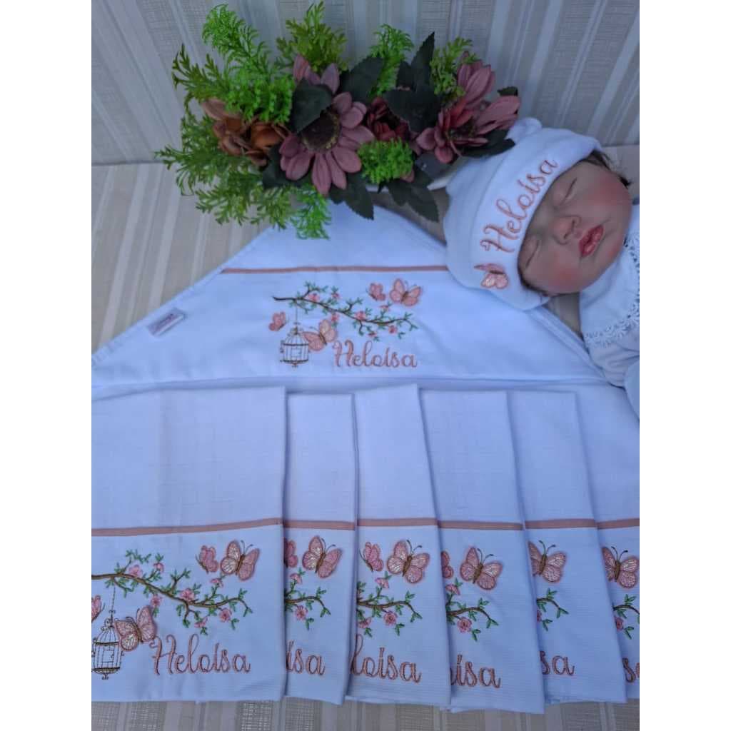 Kit 8 peças 1 Toalha fralda Capuz 6 fraldas boca bordada personalizada babete maternidade menina e menino