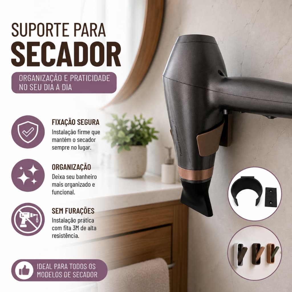 Suporte Porta Secador profissional de Cabelo Parede com Organizador  Adesivo universal para banheiro e salão de beleza