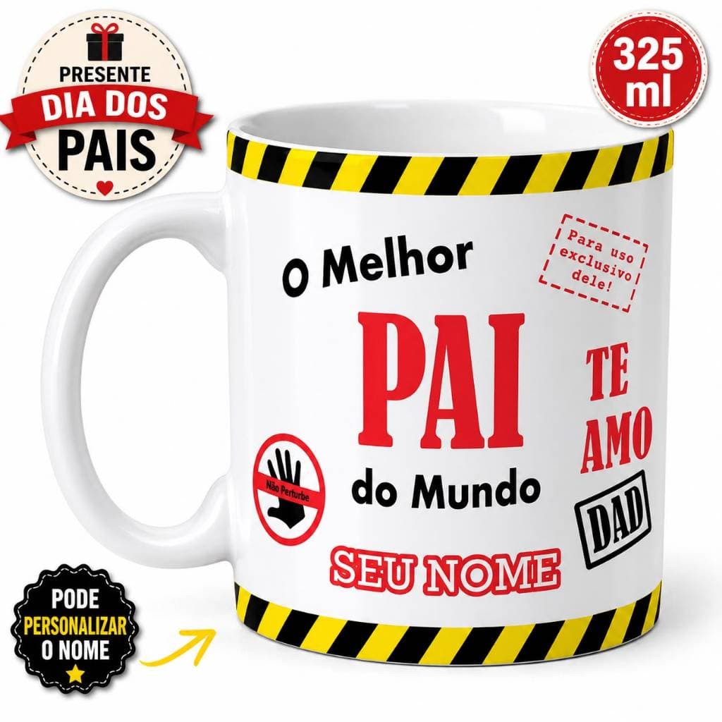 Caneca de Porcelana Dia dos Pais Personalizada com Nome Presente 325ml