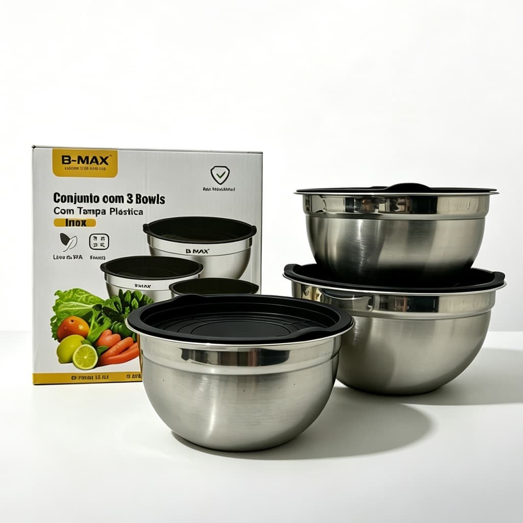 Conjunto de Bowls Tigelas de Inox com Tampa Plastica - bacia inox bowl inox