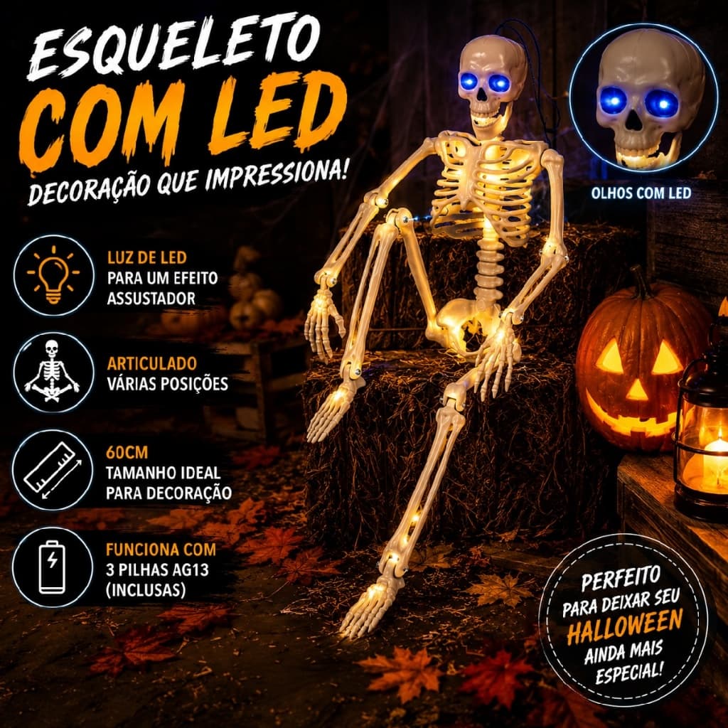 Esqueleto Decoração Halloween Corpo Humano Caveira Articulada para Festas Plástico 40 Cm
