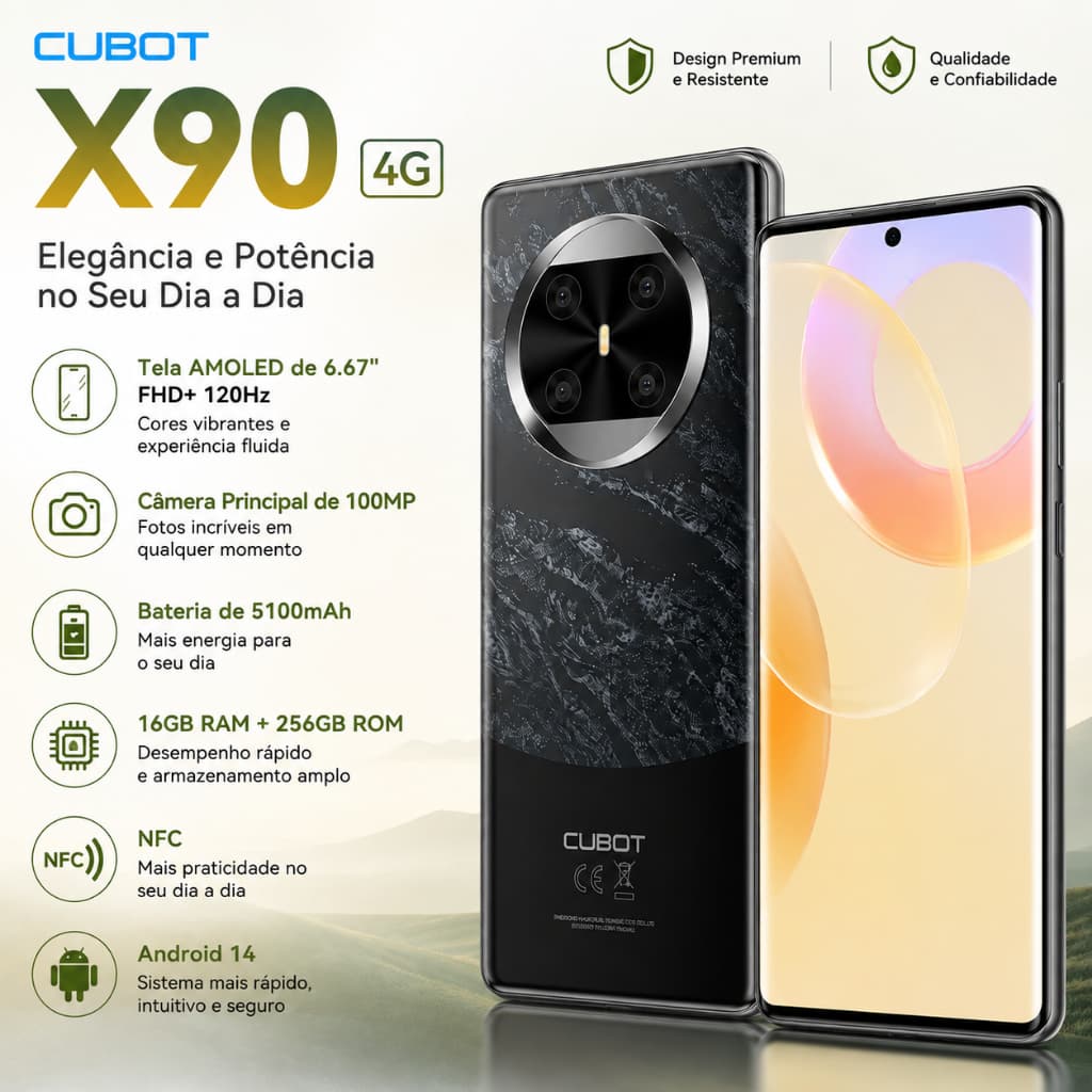 Cubot X90 4G 16GB 256GB Tela AMOLED 6,67" 120Hz Câmera 100MPBateria 5100mAh NFC Novo e Original