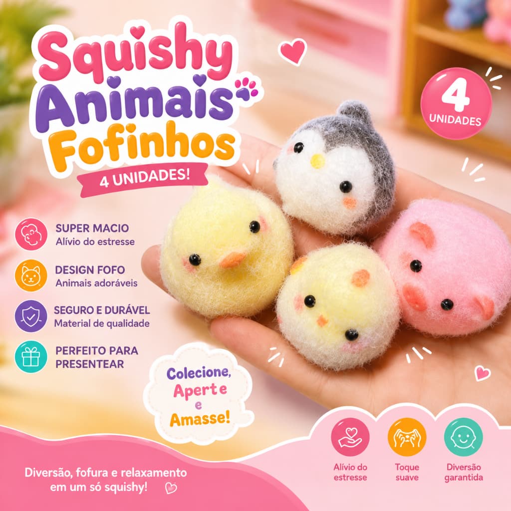 Kit Squishy Animais Fazenda 4 Uni Fofinhos Macios, Fofos e Divertidos de Apertar