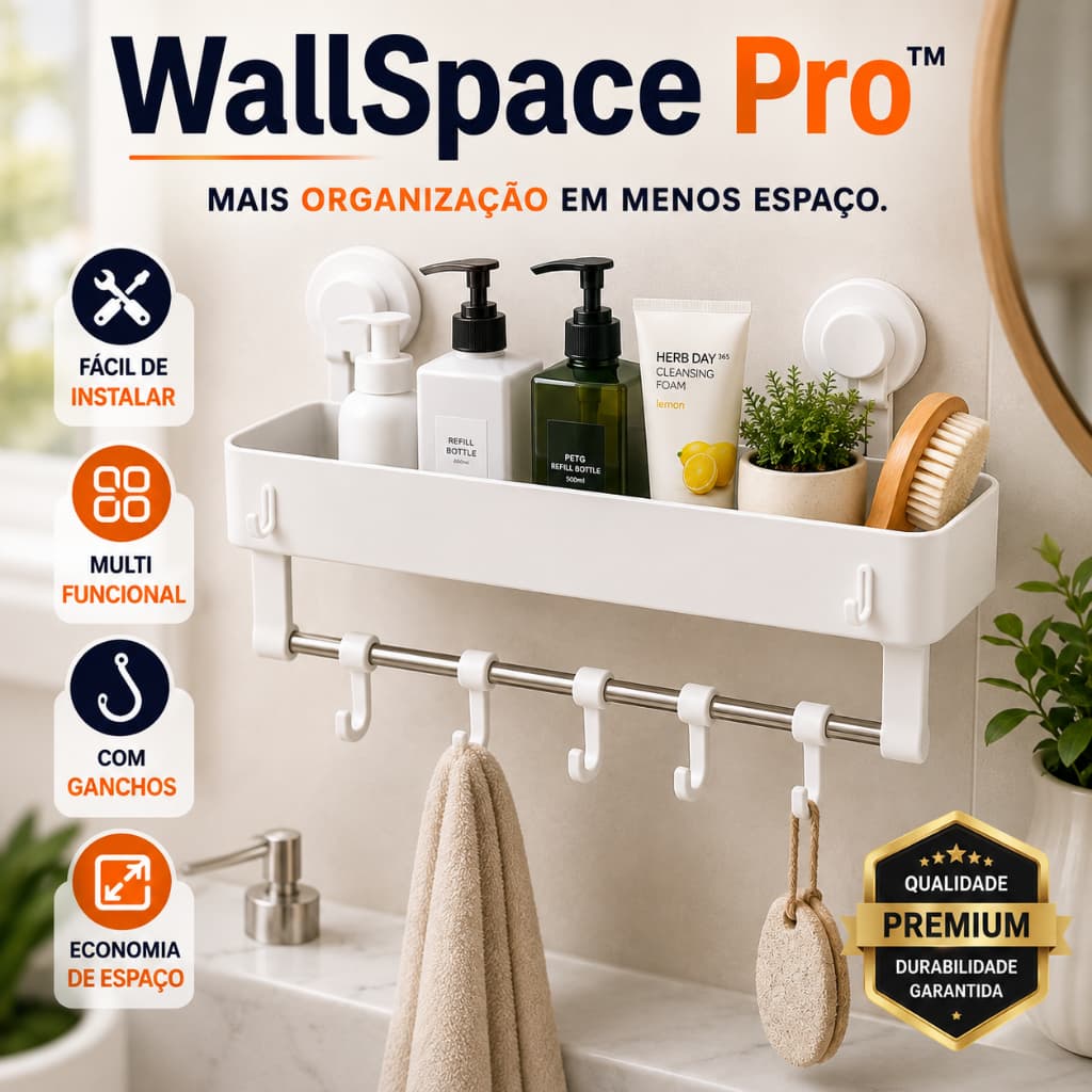 Organizador Multiuso de Parede com Ganchos Sem Furar Suporte Banheiro Cozinha Lavanderia Porta Shampoo Branco