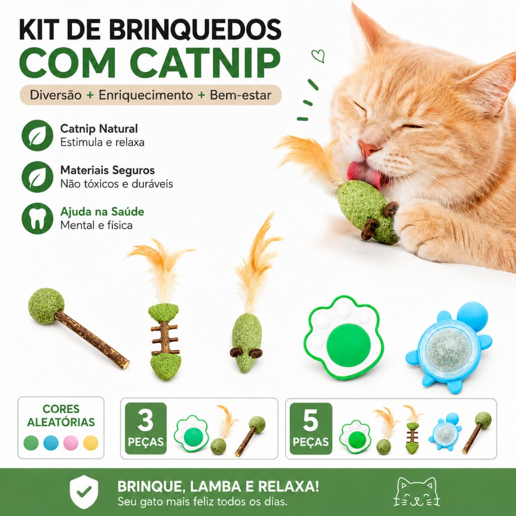 Kit 3/5 Brinquedos para Gatos com Catnip Natural | Mordedor Interativo | Modelos Fixos | Cores Aleatórias