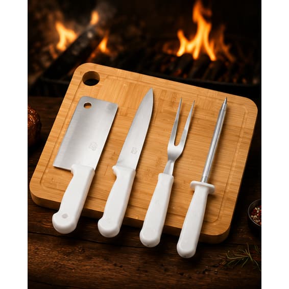 Kit Tábua e Faca de Churrasco Aço Inox 5 Peças Pratico e Duravel
