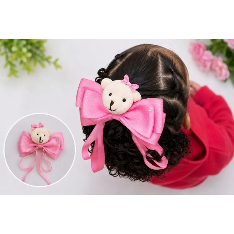 Laço Infantil com Ursinho Pelúcia  | Laço Grande | Várias Cores |Presilha Bico de Pato/ Acessório para Meninas