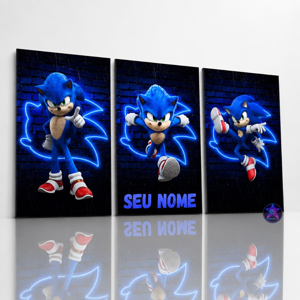 Quadro Decorativo Sonic Personalizado com Nome Herói Azul Gamer Neon Exclusivo para Quarto Infantil
