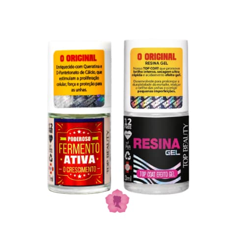 Kit Com 2 Bases Top Coat Efeito Gel Resina + Fermento Ativa Crescimento 12 Free Sos Unhas Top Beauty