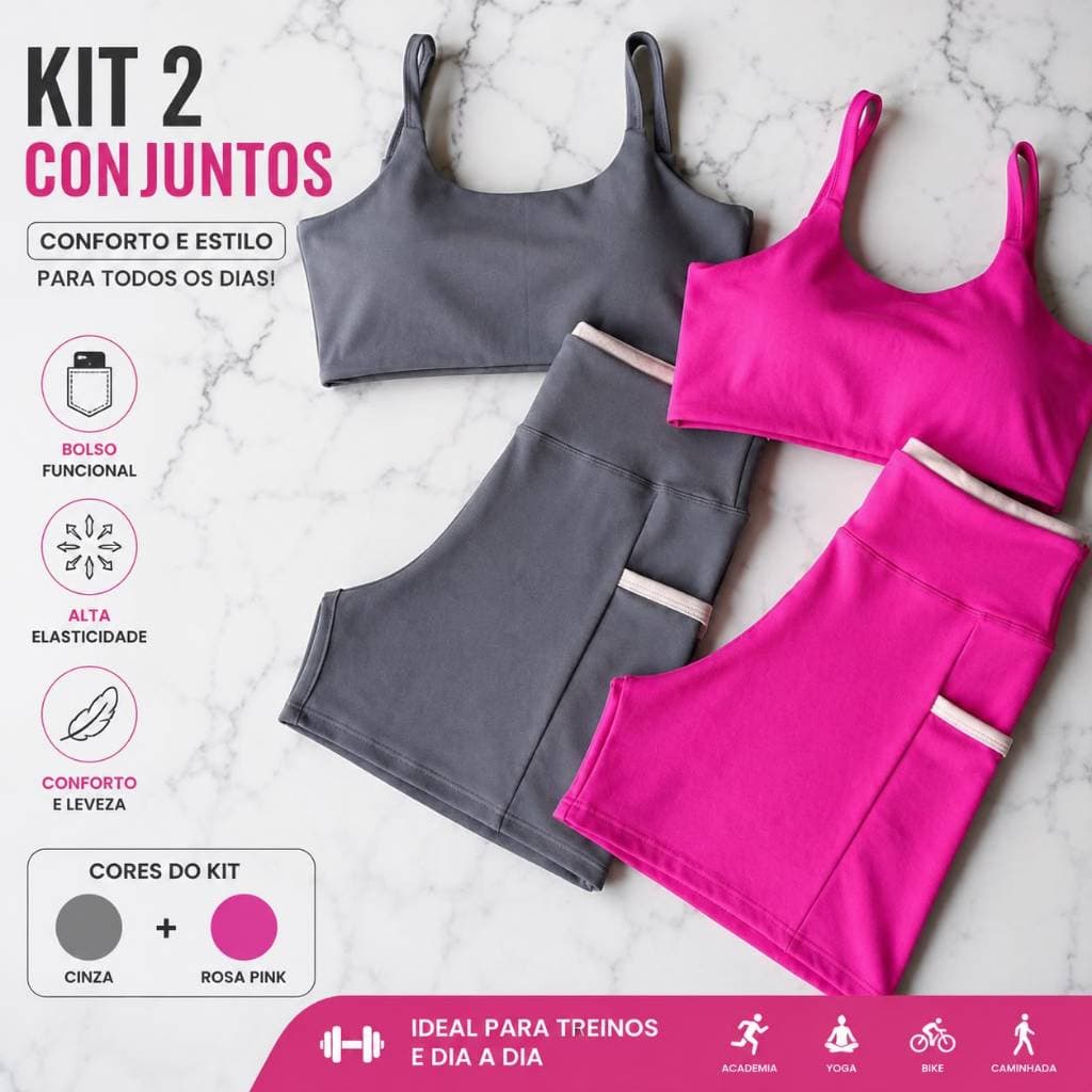 Kit 2 Conjunto Line Top Costas Abertas Nua Bojo Shorts Bolso Lateral Cintura Alta FItness Academia