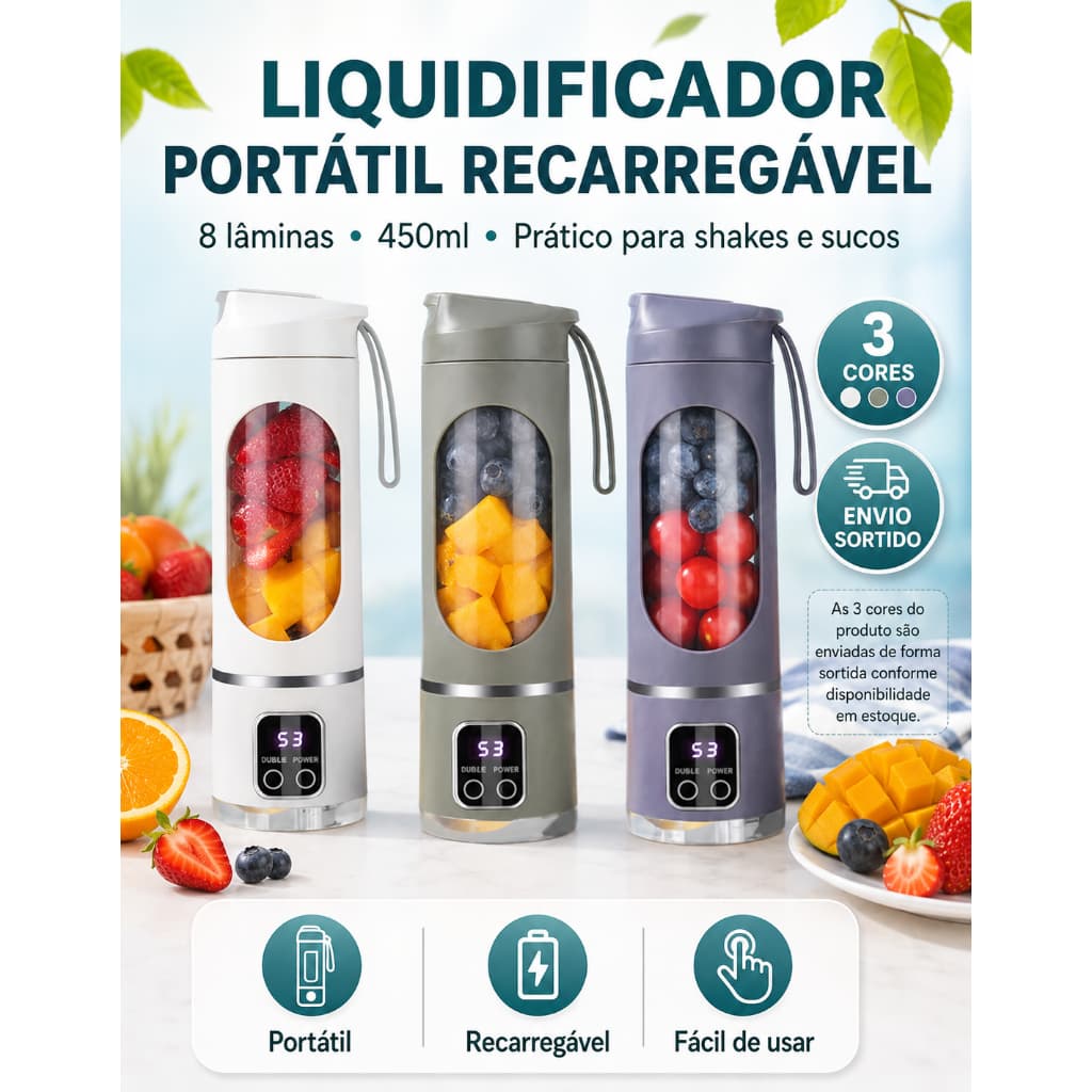 Liquidificador Portátil Recarregável 8 Lâminas 450ml Mini Liquidificador Portátil Shake Suco Recarregavel Usbwhey