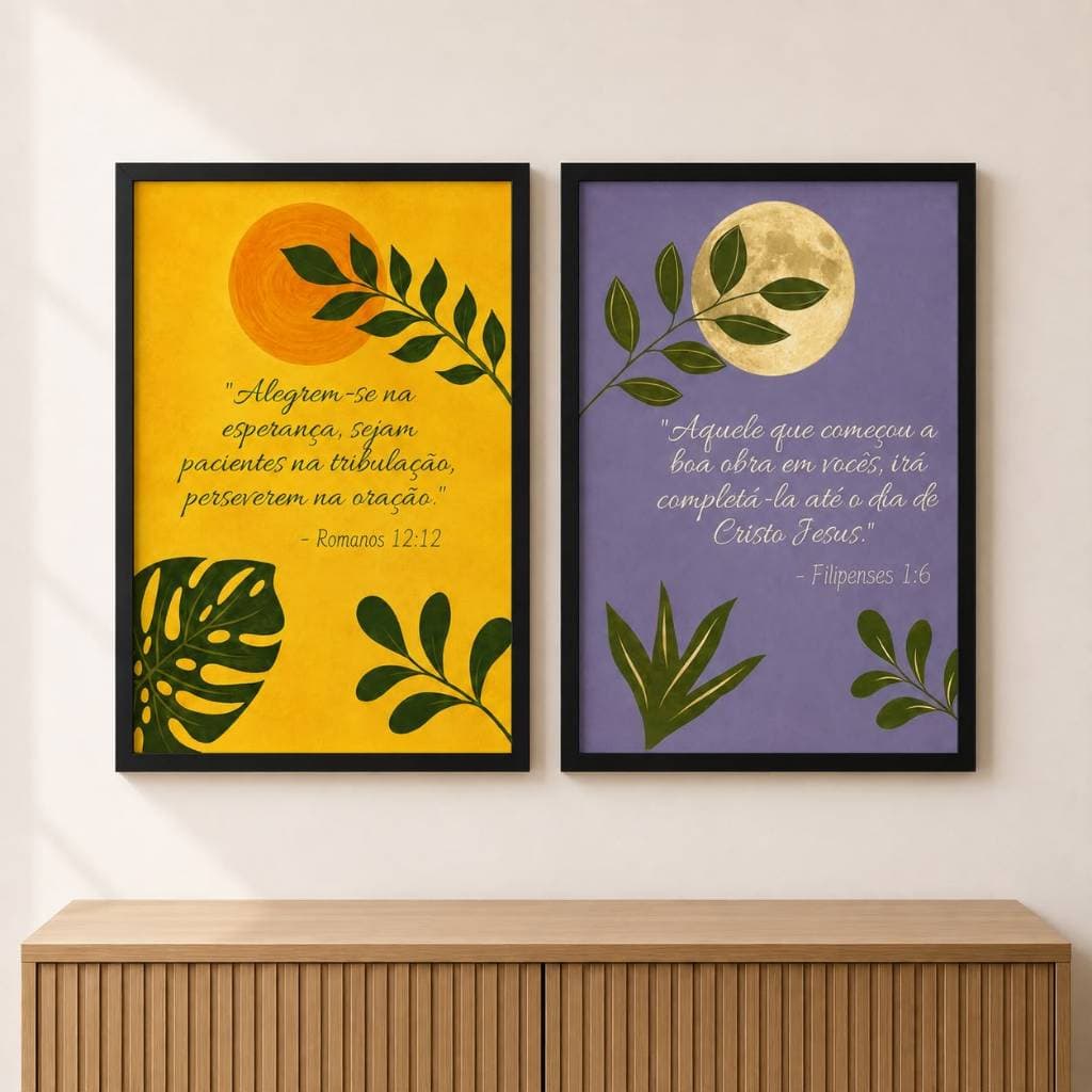 Kit 2 Quadros Decorativos Versículos Bíblicos Sol e Lua Romanos 12:12 Filipenses 1:6 Moldura e Vidro