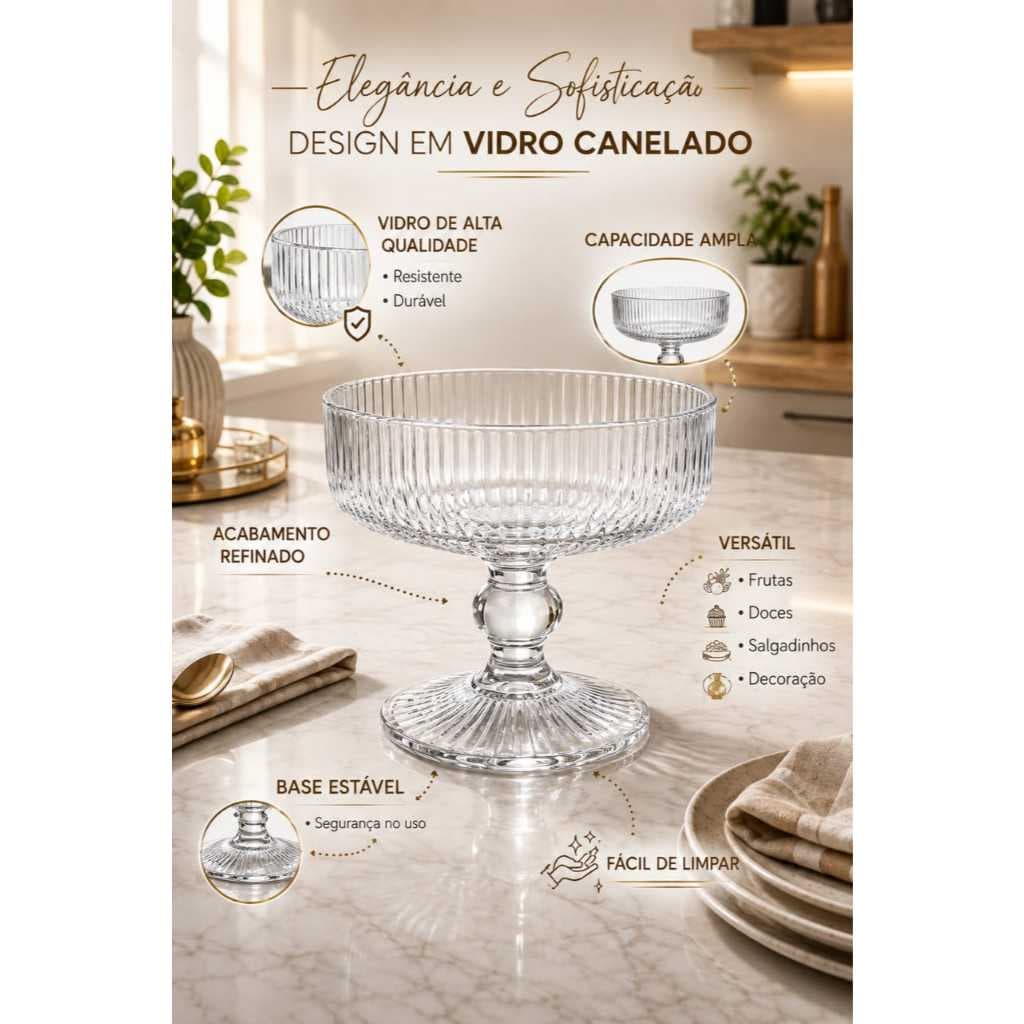 Jogo Taças Para Sobremesa Vidro Canelado 345ml Resistente Luxo (Kits 4 e 8) Reforçada Vidro Premium Elegante Para Visita