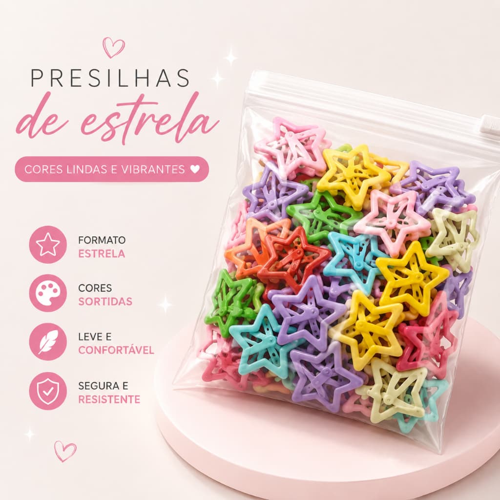 Kit Presilhas de Cabelo Estrela Coloridas Infantil Feminina Tic Tac