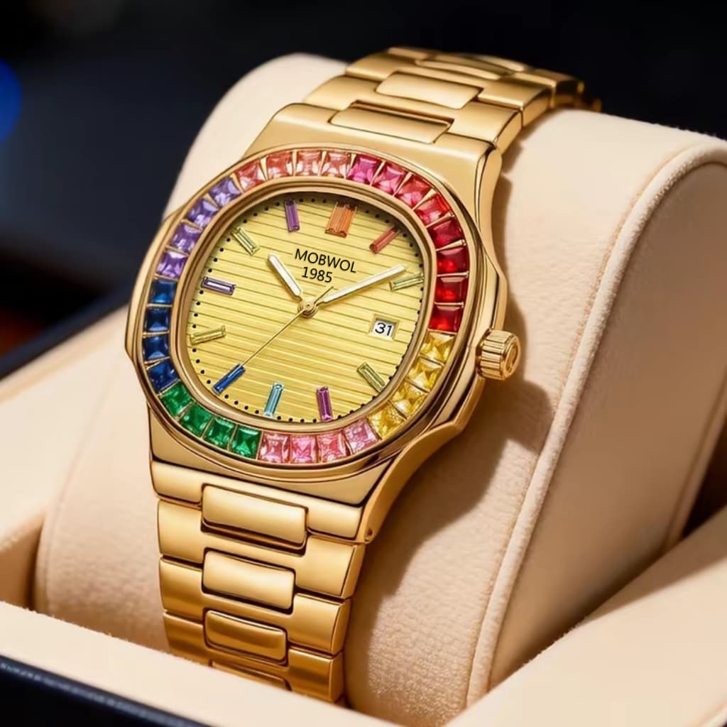 Relógio Masculino Quartzo MO2607 Dourado com Aro Rainbow - Aço Inoxidável, Vidro Hardlex e Resistente à Água (3ATM)