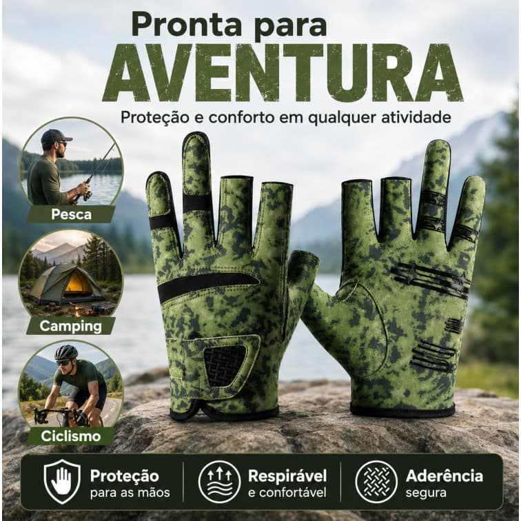Luva de Pesca Meio Dedo Antiderrapante | Luva de Proteção para Pesca, Camping e Esportes