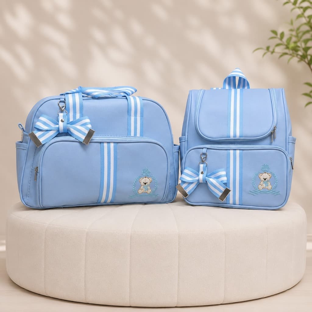 kit Bolsa de Bebê e Mochila Maternidade Luxo Urso Rei Azul bebê/ Azul claro