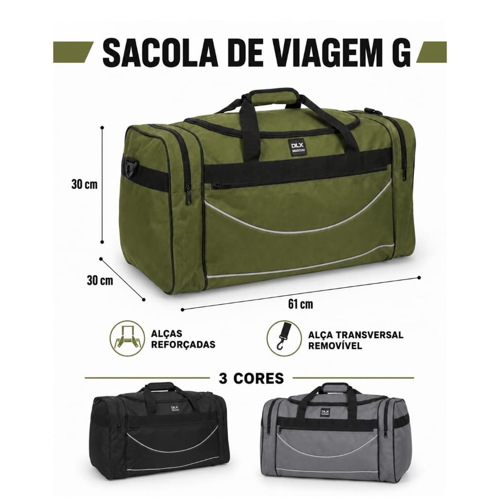 55L - Sacola de Viagem Grande 61cm com Alça Transversal Removível e Bolsos Laterais