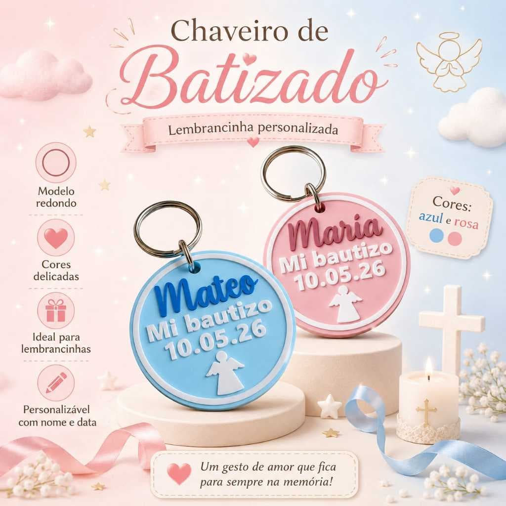 Kit Chaveiro Personalizado de Batizado com Nome e Data – Lembrancinha em Impressão 3D